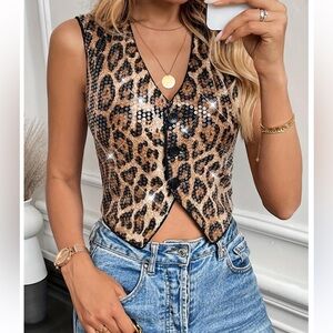 1198. Leopard Print Sequin Vest Top